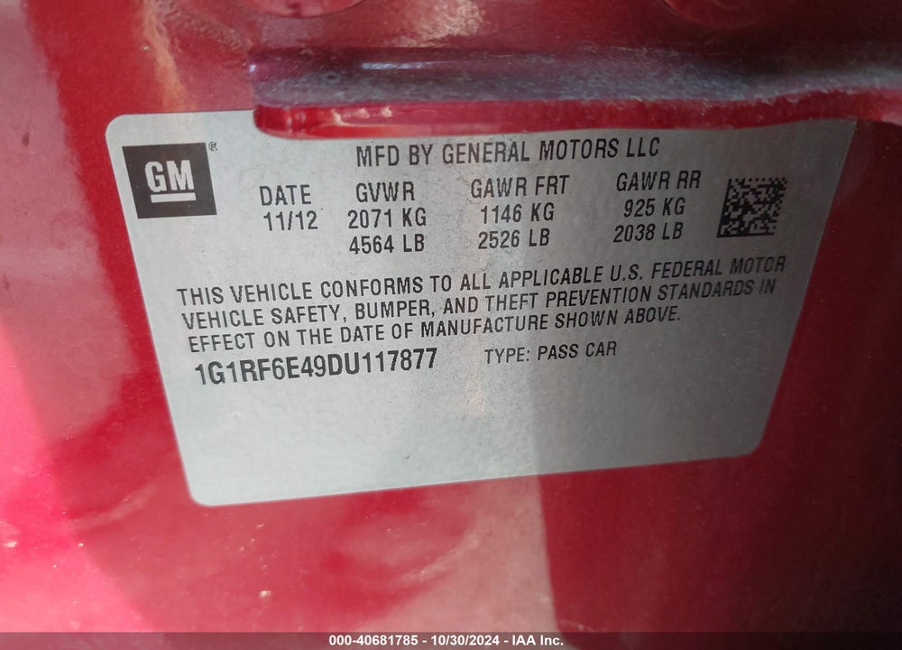2013 CHEVROLET VOLT VIN: 1G1RF6E49DU117877