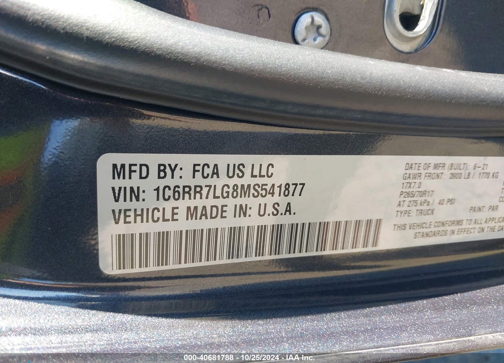 2021 RAM 1500 CLASSIC SLT 4X4 5'7 BOX VIN: 1C6RR7LG8MS541877