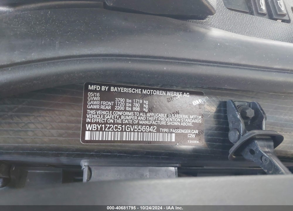 2016 BMW I3 VIN: WBY1Z2C51GV556942