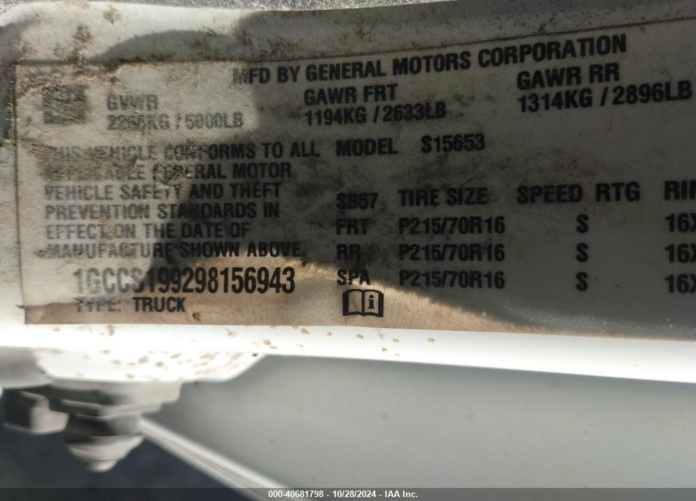 2009 CHEVROLET COLORADO WORK TRUCK VIN: 1GCCS199298156943