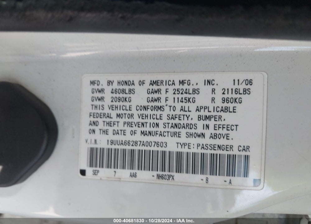 2007 ACURA TL 3.2 VIN: 19UUA66287A007603