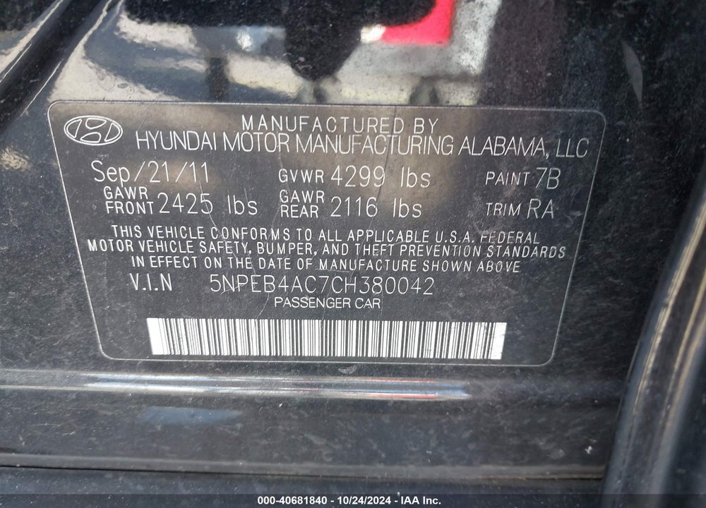 2012 HYUNDAI SONATA GLS VIN: 5NPEB4AC7CH380042