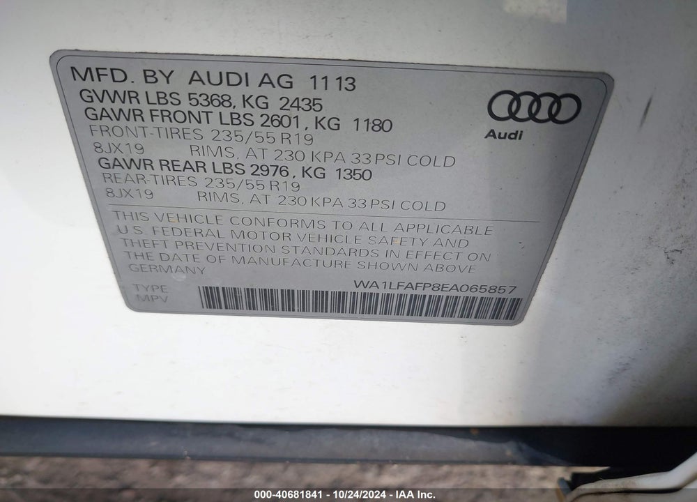 2014 AUDI Q5 2.0T PREMIUM VIN: WA1LFAFP8EA065857