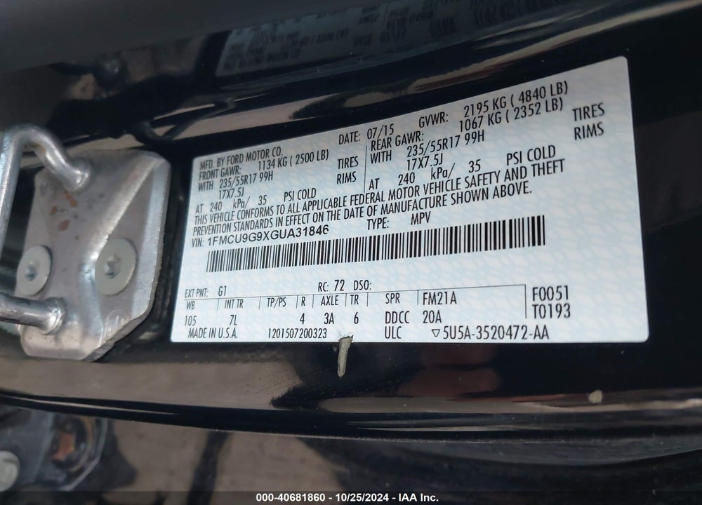 2016 FORD ESCAPE SE VIN: 1FMCU9G9XGUA31846