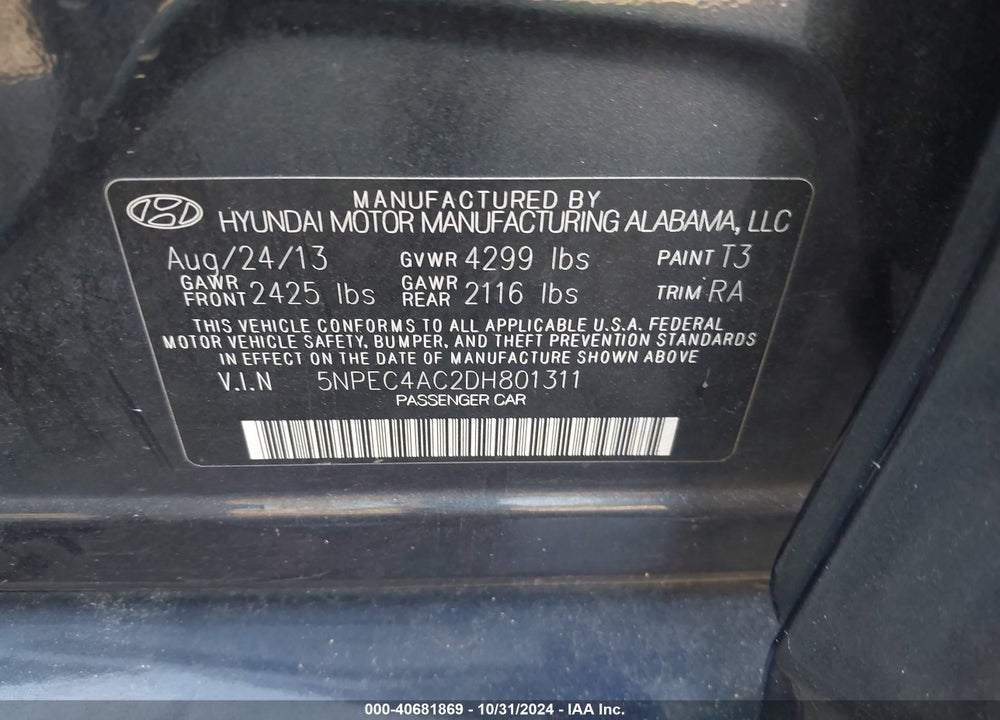 2013 HYUNDAI SONATA VIN: 5NPEC4AC2DH801311