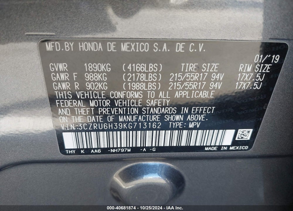 2019 HONDA HR-V LX VIN: 3CZRU6H39KG713162
