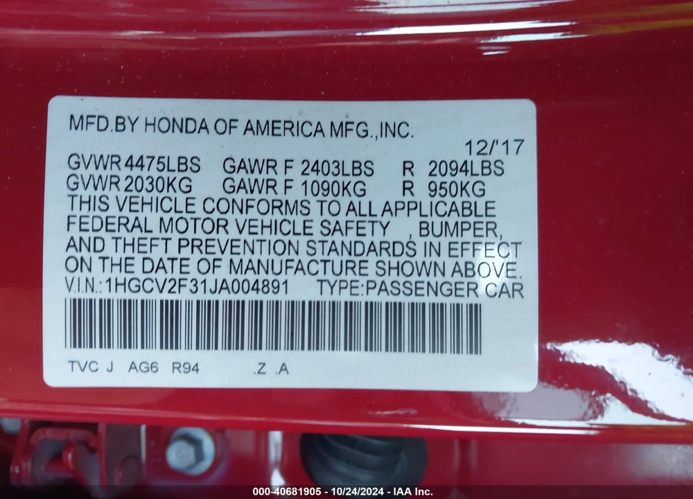 2018 HONDA ACCORD SPORT 2.0T VIN: 1HGCV2F31JA004891