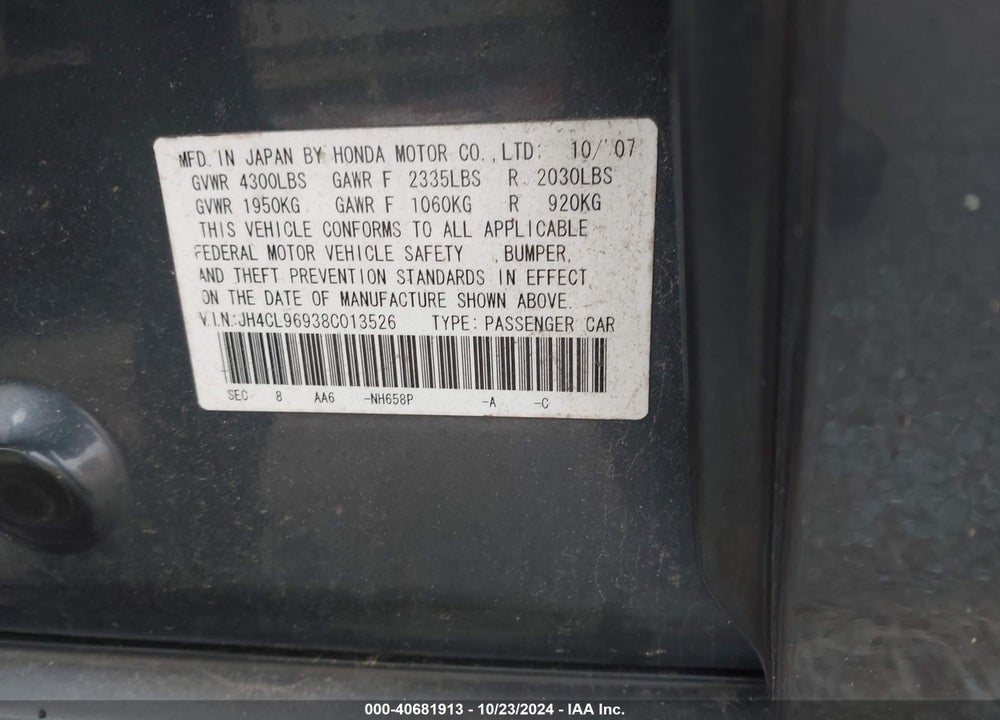 2008 ACURA TSX VIN: JH4CL96938C013526