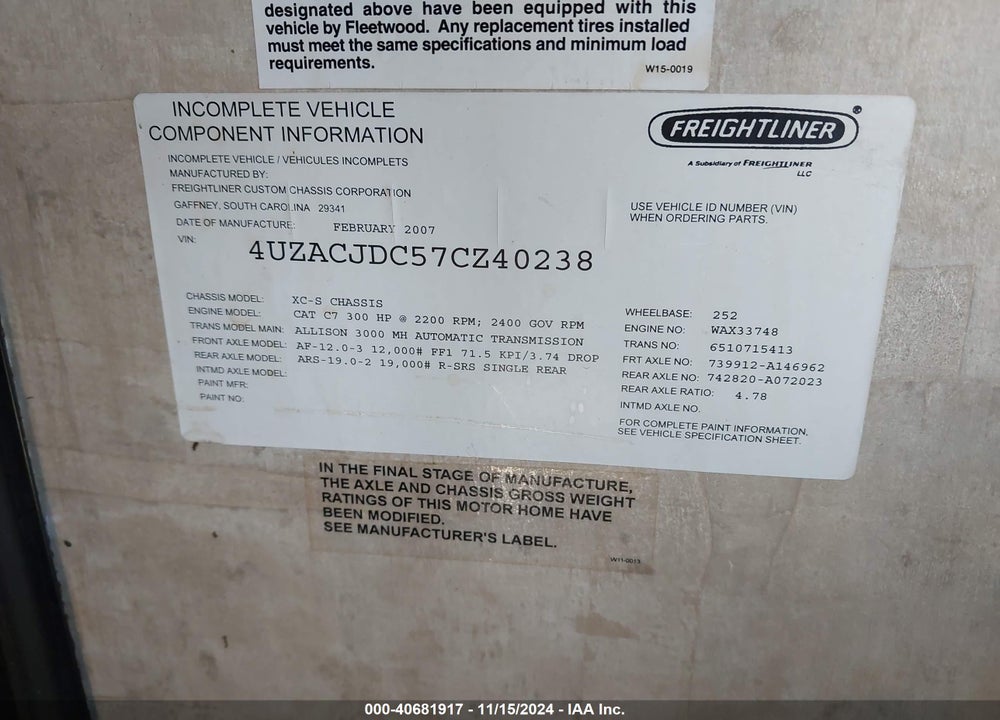 2007 FREIGHTLINER CHASSIS X LINE MOTOR HOME VIN: 4UZACJDC57CZ40238