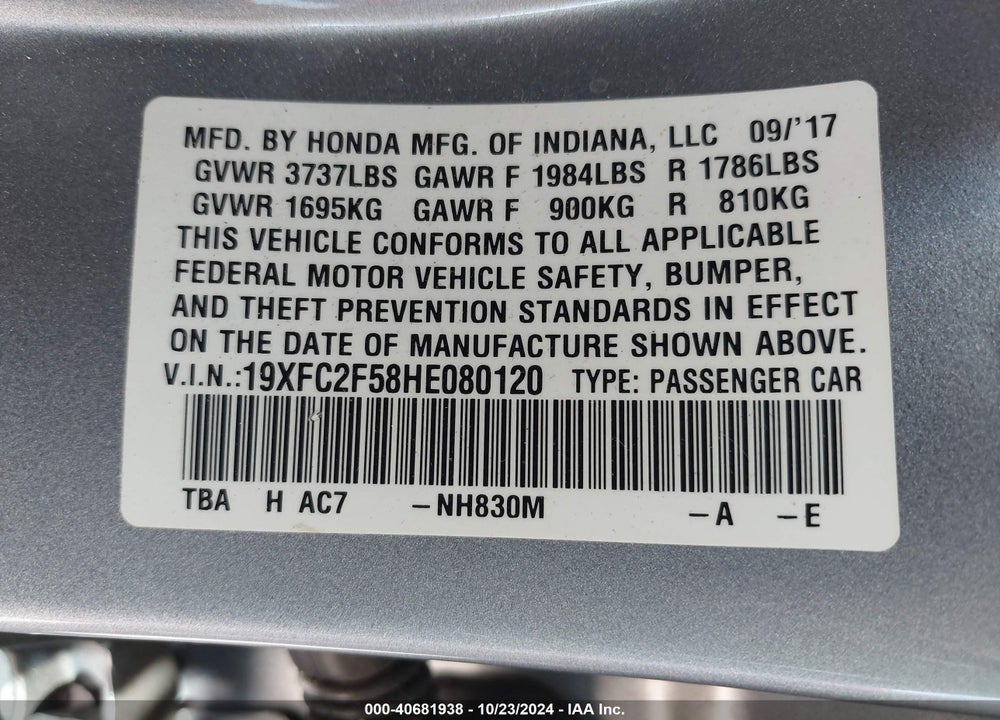 2017 HONDA CIVIC LX VIN: 19XFC2F58HE080120