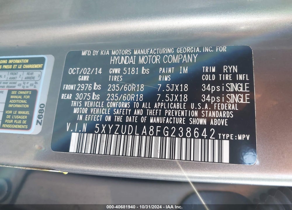 2015 HYUNDAI SANTA FE SPORT VIN: 5XYZUDLA8FG238642
