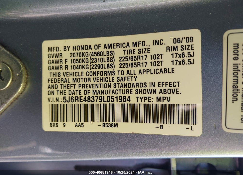 2009 HONDA CR-V LX VIN: 5J6RE48379L051984