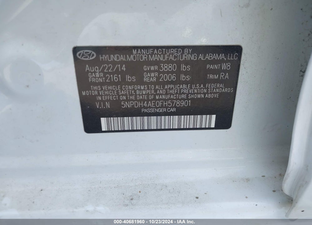 2015 HYUNDAI ELANTRA SE VIN: 5NPDH4AE0FH578901