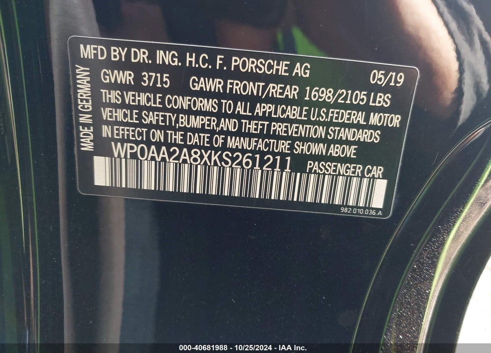 2019 PORSCHE 718 CAYMAN VIN: WP0AA2A8XKS261211