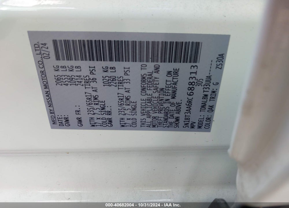 2024 NISSAN ROGUE S FWD VIN: 5N1BT3AA6RC688313