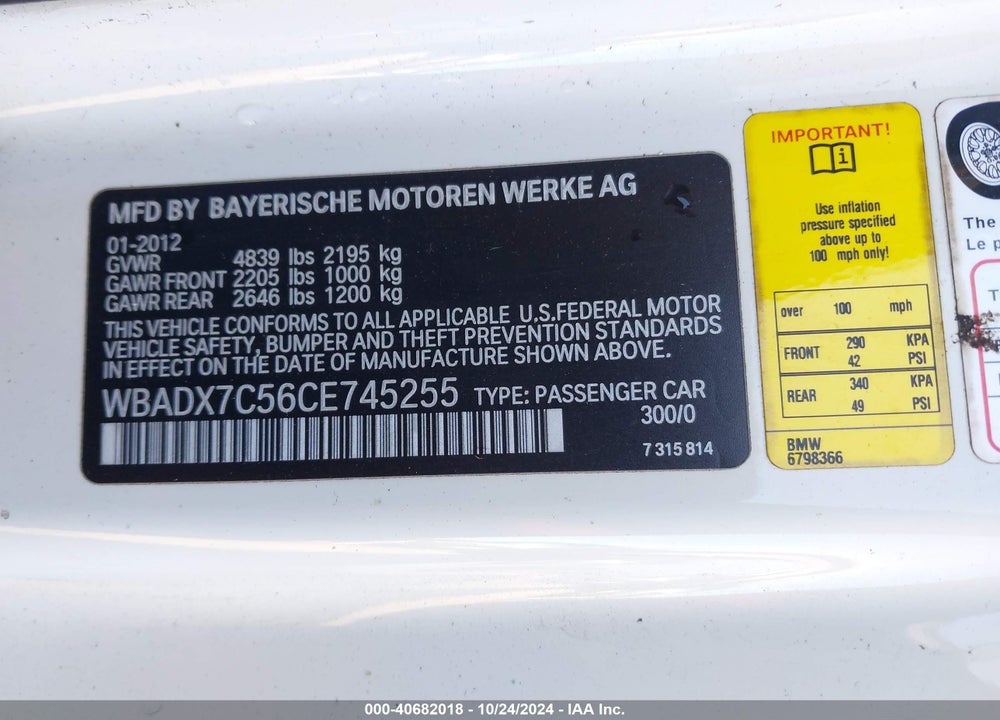 2012 BMW 335I VIN: WBADX7C56CE745255