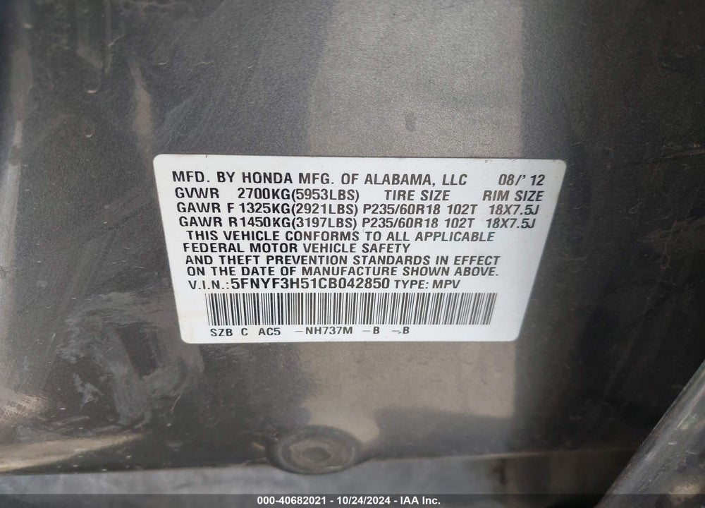 2012 HONDA PILOT EX-L VIN: 5FNYF3H51CB042850