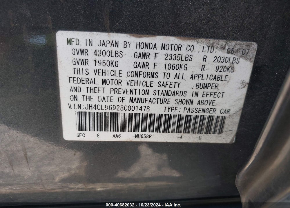 2008 ACURA TSX VIN: JH4CL96928C001478