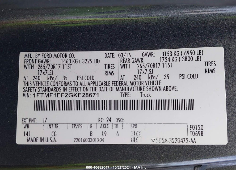 2016 FORD F-150 XL VIN: 1FTMF1EF2GKE28671