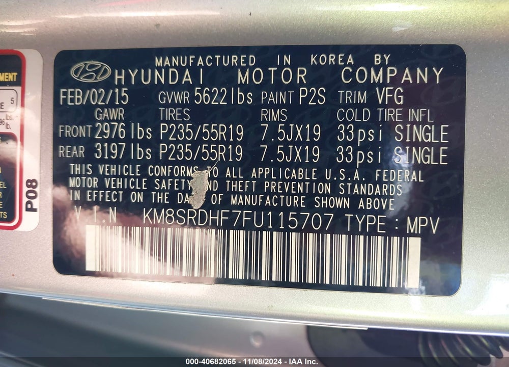 2015 HYUNDAI SANTA FE GLS VIN: KM8SRDHF7FU115707