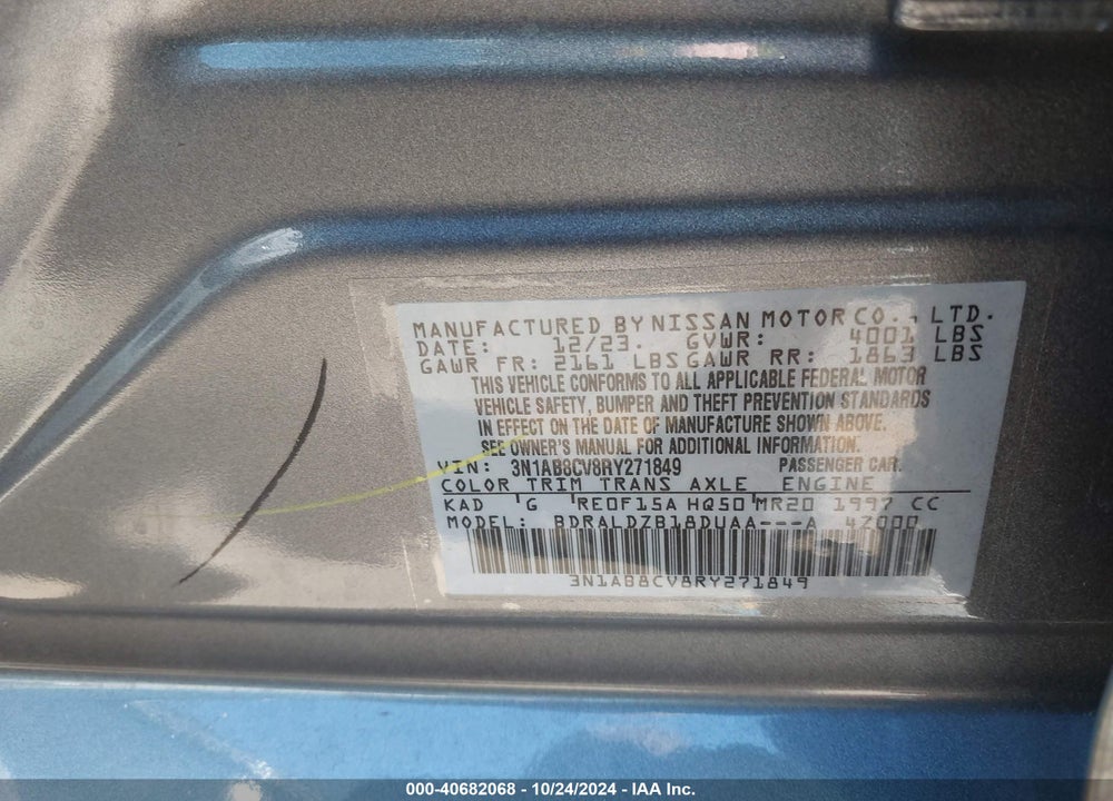 2024 NISSAN SENTRA SV XTRONIC CVT VIN: 3N1AB8CV8RY271849