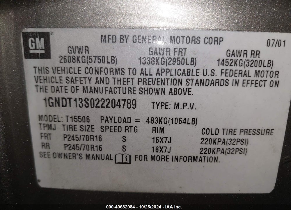 2002 CHEVROLET TRAILBLAZER LT VIN: 1GNDT13S022204789