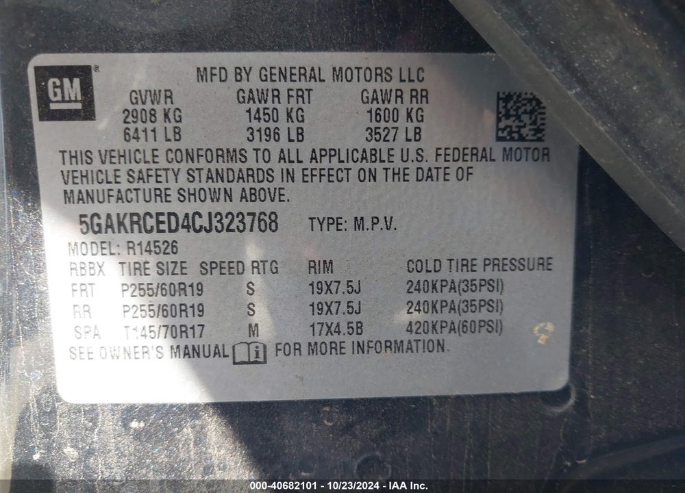 2012 BUICK ENCLAVE LEATHER VIN: 5GAKRCED4CJ323768