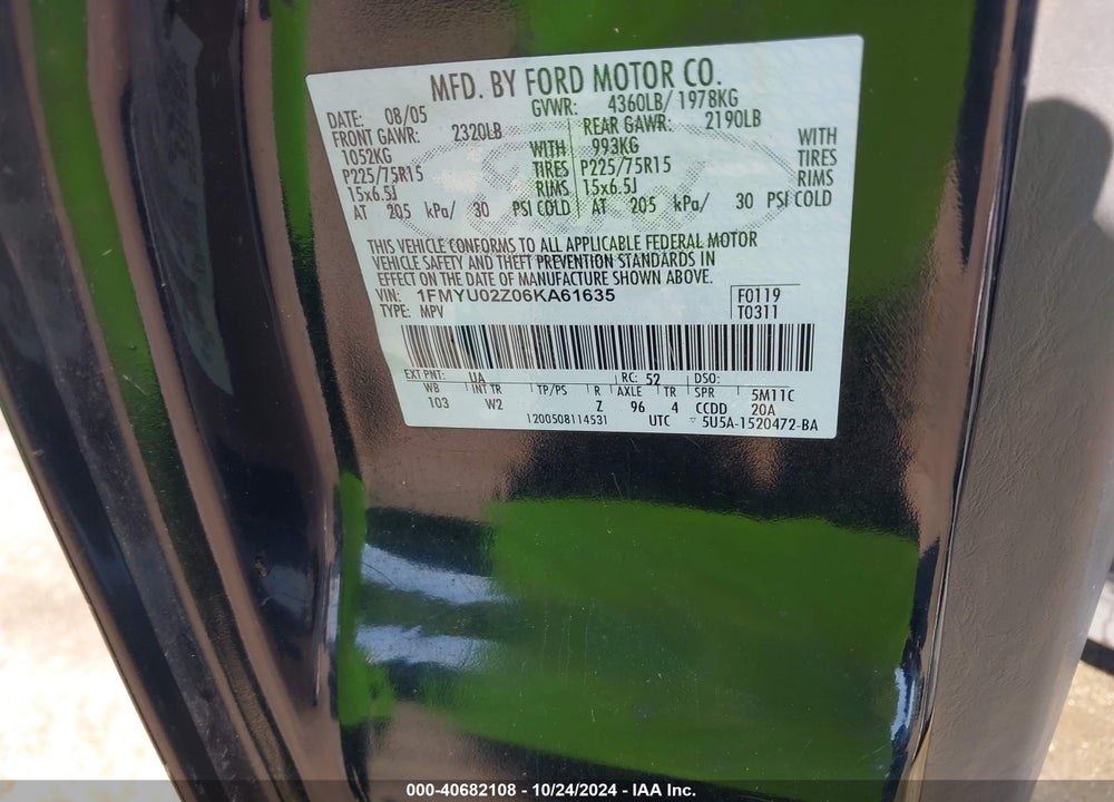 2006 FORD ESCAPE XLS/XLS MANUAL VIN: 1FMYU02Z06KA61635