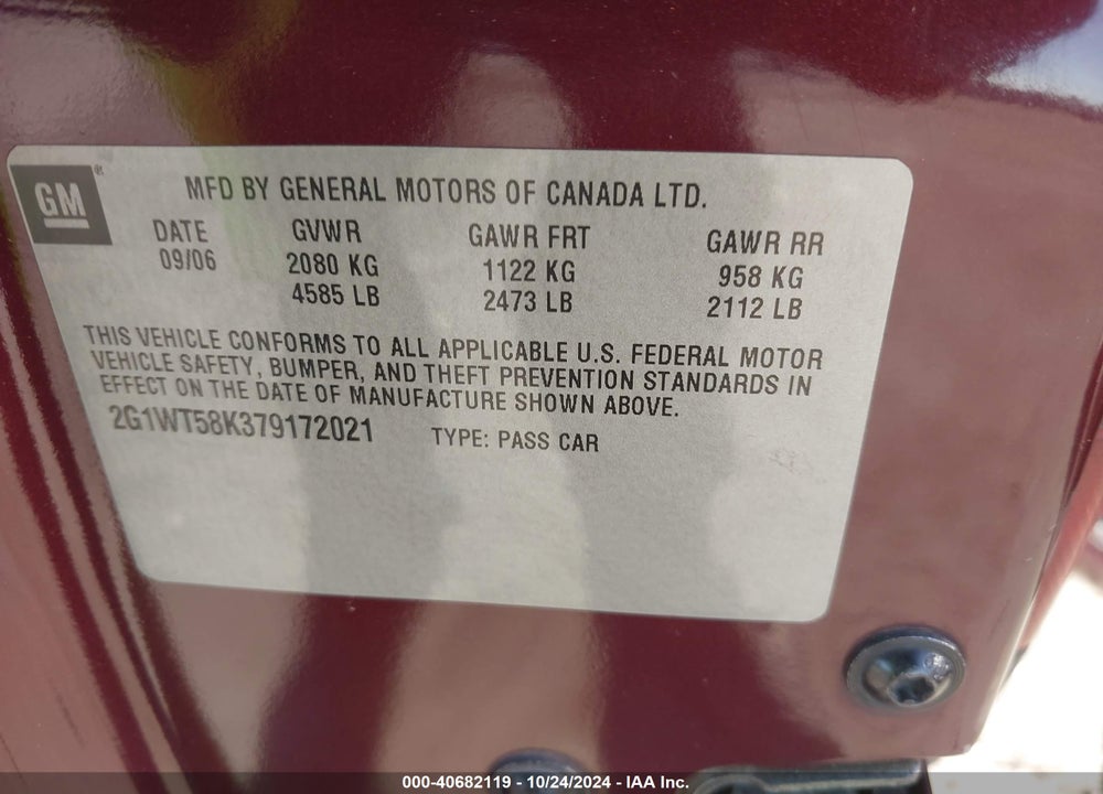 2007 CHEVROLET IMPALA LT VIN: 2G1WT58K379172021