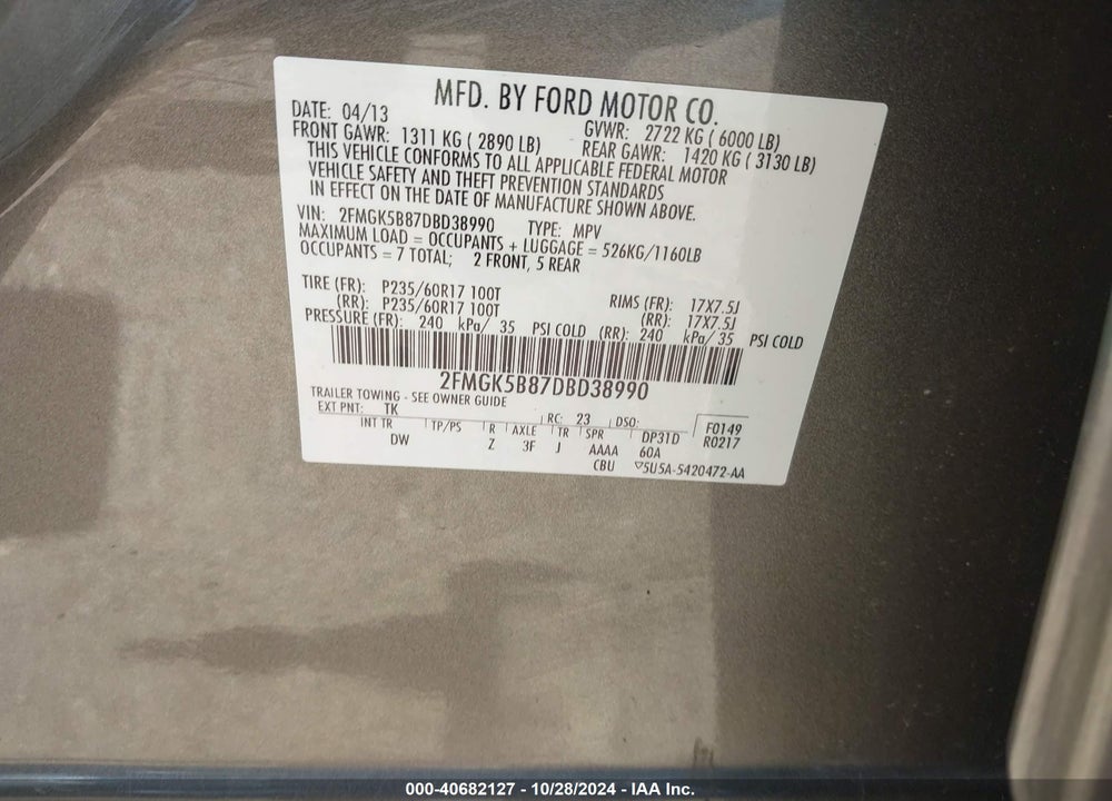 2013 FORD FLEX SE VIN: 2FMGK5B87DBD38990