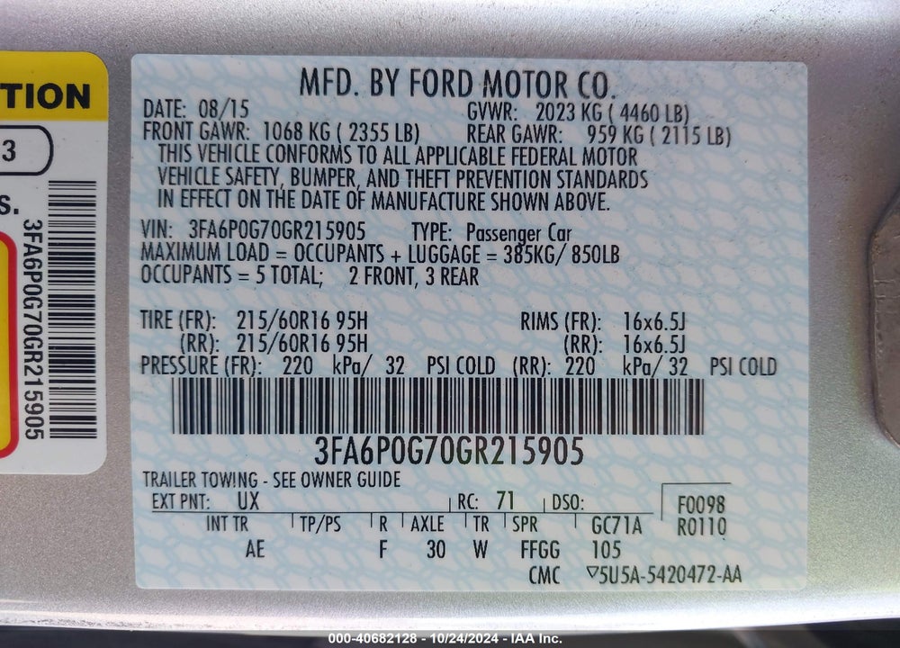 2016 FORD FUSION S VIN: 3FA6P0G70GR215905