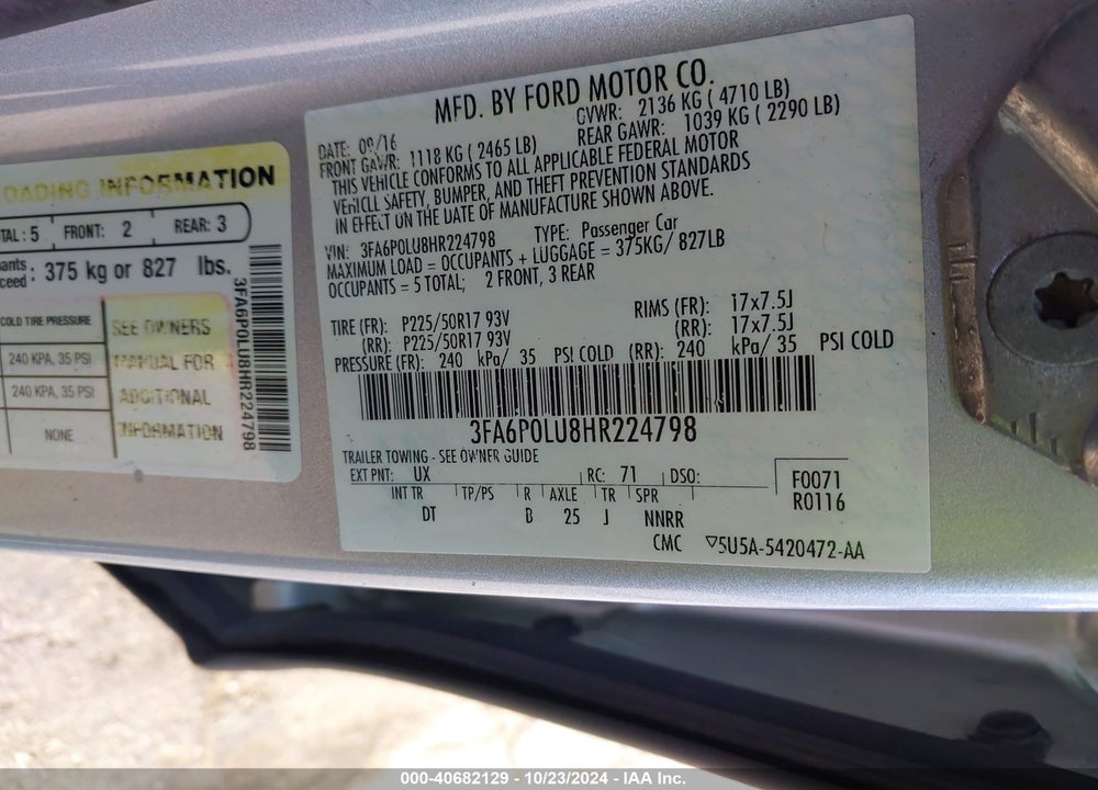 2017 FORD FUSION HYBRID SE VIN: 3FA6P0LU8HR224798