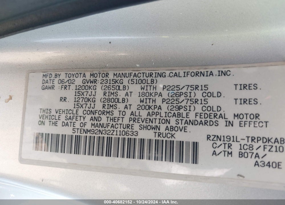 2002 TOYOTA TACOMA PRERUNNER VIN: 5TENM92N32Z110633