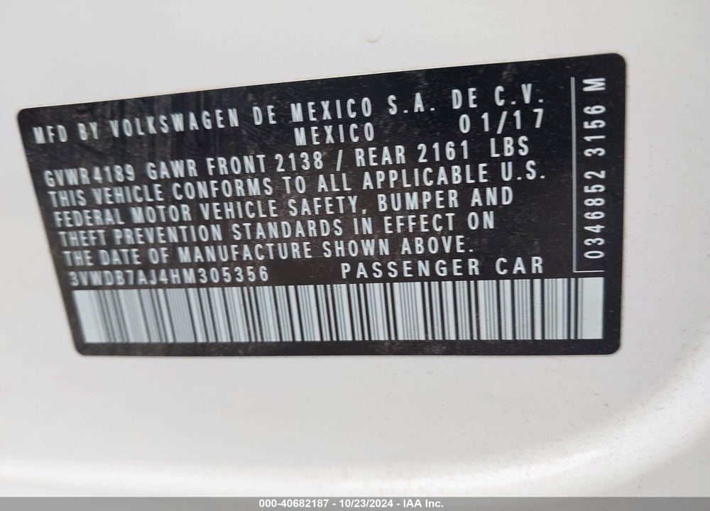 2017 VOLKSWAGEN JETTA 1.4T SE VIN: 3VWDB7AJ4HM305356
