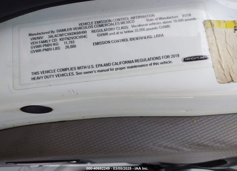 2019 FREIGHTLINER M2 106 VIN: 3ALACWFCXKDKB8490