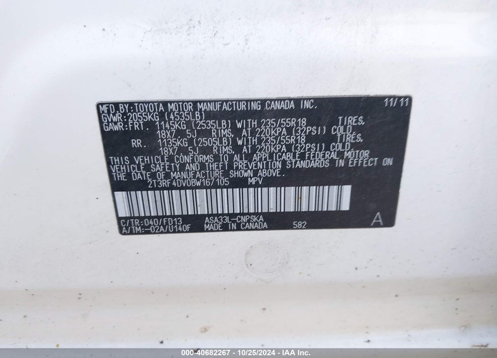 2011 TOYOTA RAV4 SPORT VIN: 2T3RF4DV0BW167105