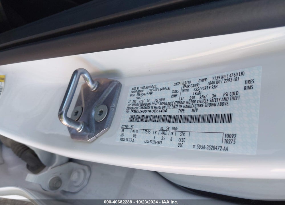 2019 FORD ESCAPE SE VIN: 1FMCU9GD1KUB61494