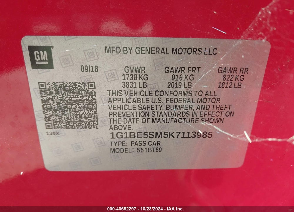 2019 CHEVROLET CRUZE LT VIN: 1G1BE5SM5K7113985