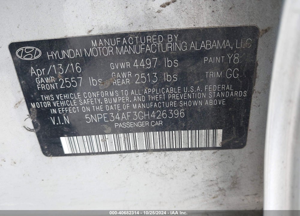 2016 HYUNDAI SONATA SPORT VIN: 5NPE34AF3GH426396