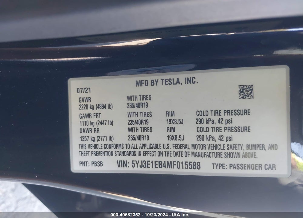 2021 TESLA MODEL 3 LONG RANGE DUAL MOTOR ALL-WHEEL DRIVE VIN: 5YJ3E1EB4MF015588
