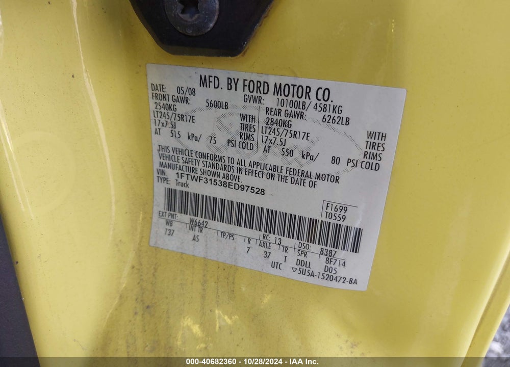 2008 FORD F-350 XL/XLT VIN: 1FTWF31538ED97528
