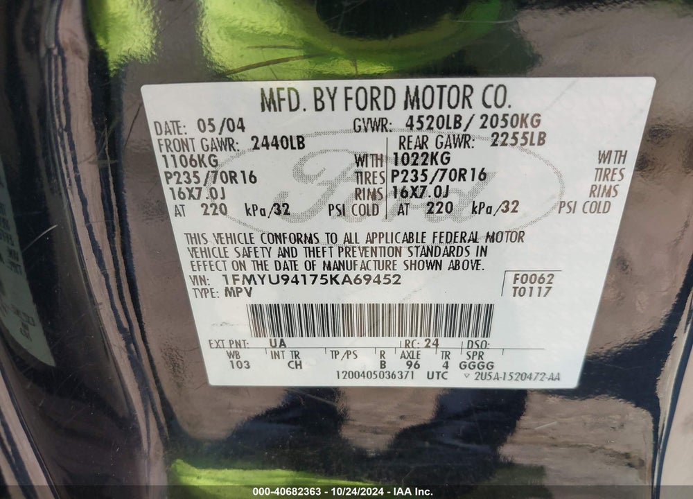 2005 FORD ESCAPE LIMITED VIN: 1FMYU94175KA69452