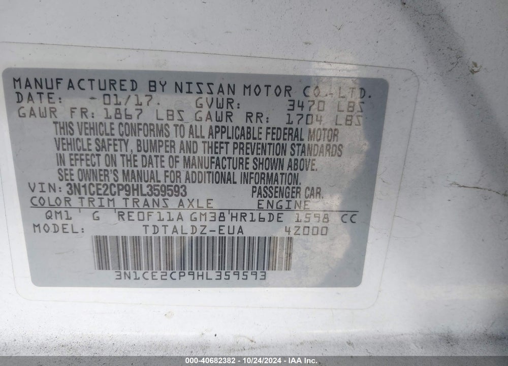 2017 NISSAN VERSA NOTE SV VIN: 3N1CE2CP9HL359593
