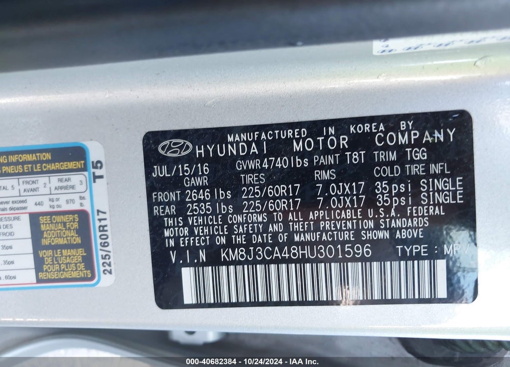 2017 HYUNDAI TUCSON SE VIN: KM8J3CA48HU301596