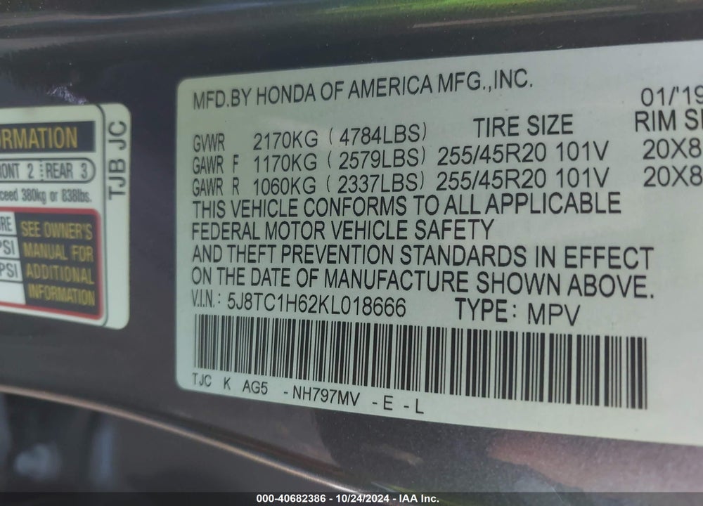 2019 ACURA RDX A-SPEC PACKAGE VIN: 5J8TC1H62KL018666
