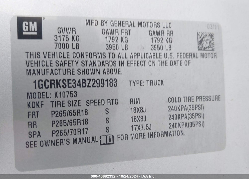 2011 CHEVROLET SILVERADO 1500 LT VIN: 1GCRKSE34BZ299183