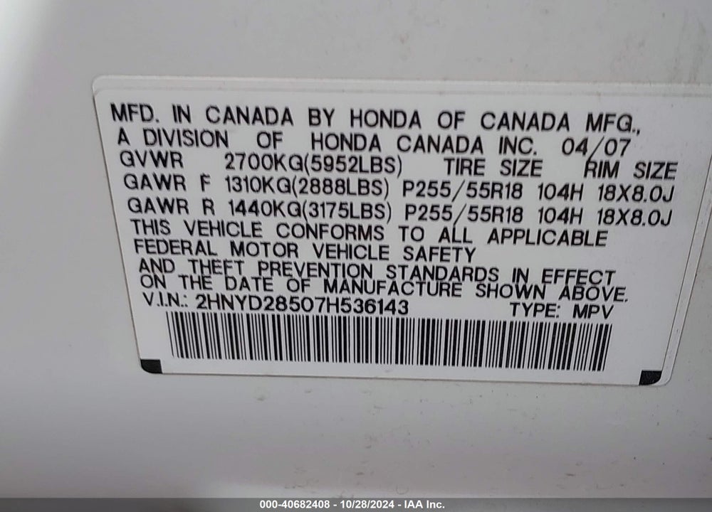 2007 ACURA MDX SPORT PACKAGE VIN: 2HNYD28507H536143