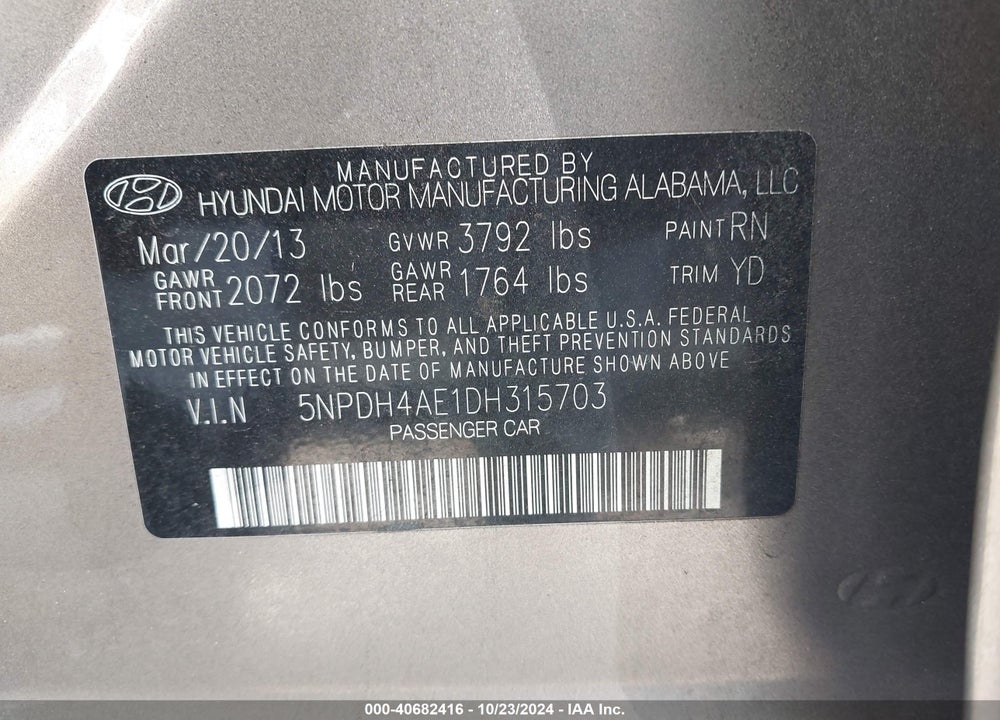 2013 HYUNDAI ELANTRA GLS VIN: 5NPDH4AE1DH315703