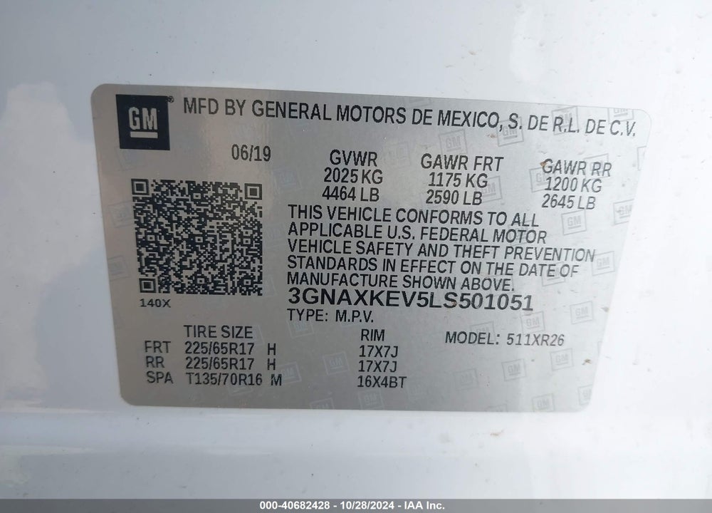 2020 CHEVROLET EQUINOX FWD LT 1.5L TURBO VIN: 3GNAXKEV5LS501051