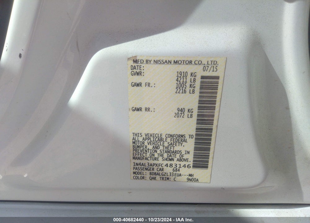 2015 NISSAN ALTIMA 2.5 S VIN: 1N4AL3APXFC483146